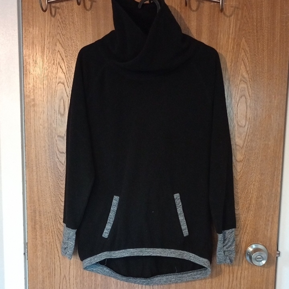 Black Cowl Neck Sweater with Curved Hem and Thick Knit Texture